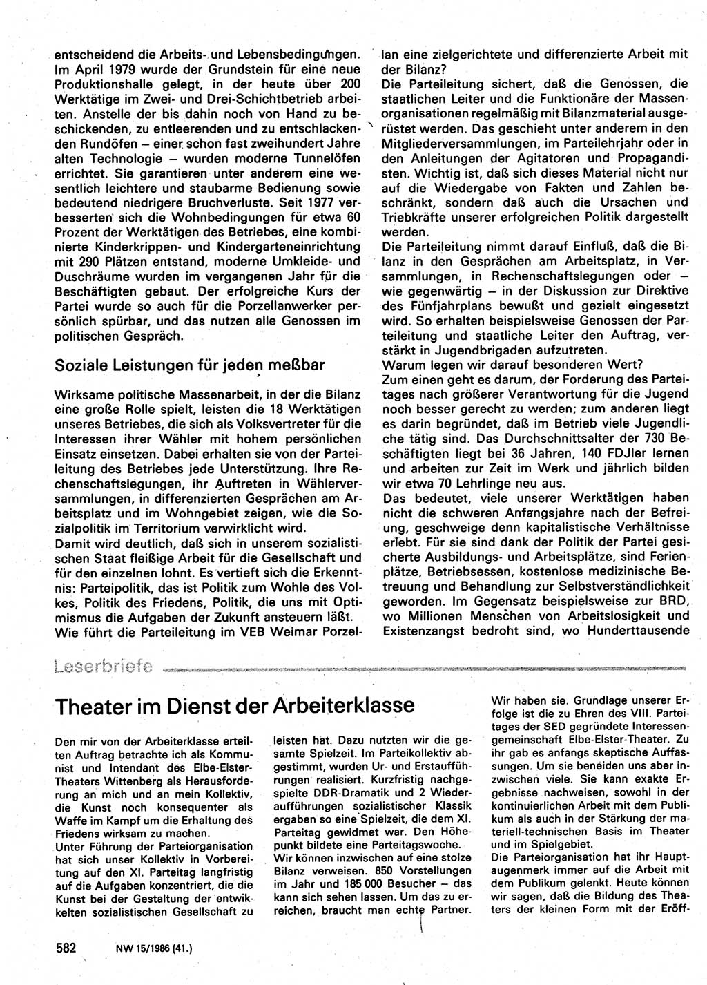 Neuer Weg (NW), Organ des Zentralkomitees (ZK) der SED (Sozialistische Einheitspartei Deutschlands) für Fragen des Parteilebens, 41. Jahrgang [Deutsche Demokratische Republik (DDR)] 1986, Seite 582 (NW ZK SED DDR 1986, S. 582)