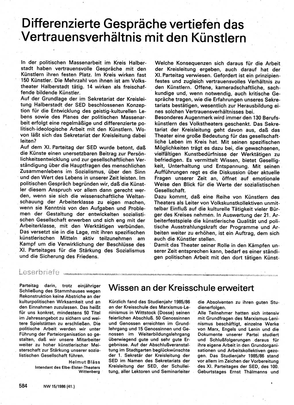 Neuer Weg (NW), Organ des Zentralkomitees (ZK) der SED (Sozialistische Einheitspartei Deutschlands) für Fragen des Parteilebens, 41. Jahrgang [Deutsche Demokratische Republik (DDR)] 1986, Seite 584 (NW ZK SED DDR 1986, S. 584)