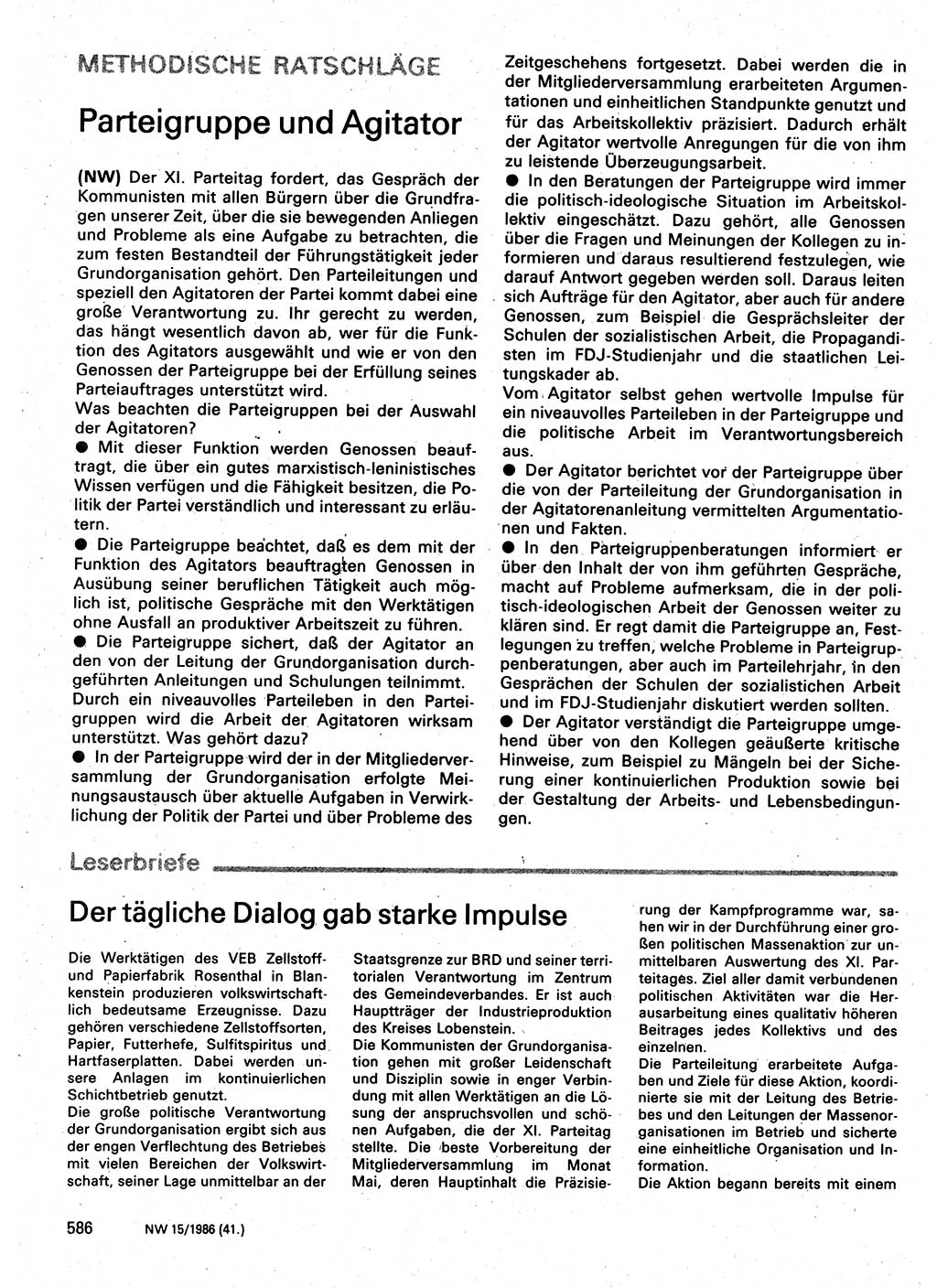 Neuer Weg (NW), Organ des Zentralkomitees (ZK) der SED (Sozialistische Einheitspartei Deutschlands) für Fragen des Parteilebens, 41. Jahrgang [Deutsche Demokratische Republik (DDR)] 1986, Seite 586 (NW ZK SED DDR 1986, S. 586)