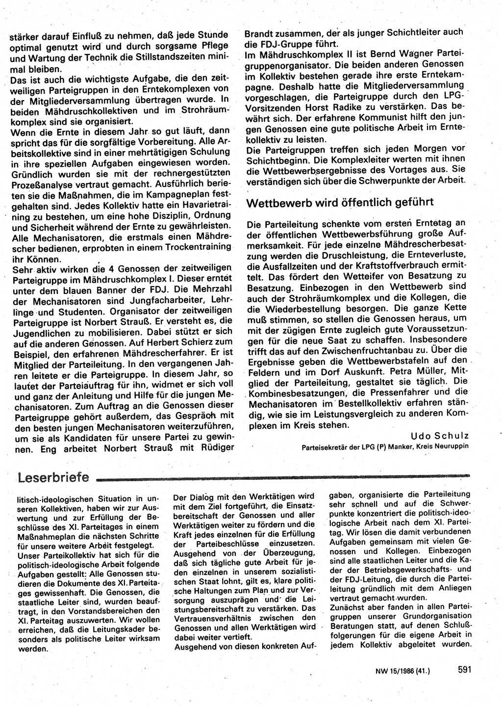 Neuer Weg (NW), Organ des Zentralkomitees (ZK) der SED (Sozialistische Einheitspartei Deutschlands) für Fragen des Parteilebens, 41. Jahrgang [Deutsche Demokratische Republik (DDR)] 1986, Seite 591 (NW ZK SED DDR 1986, S. 591)