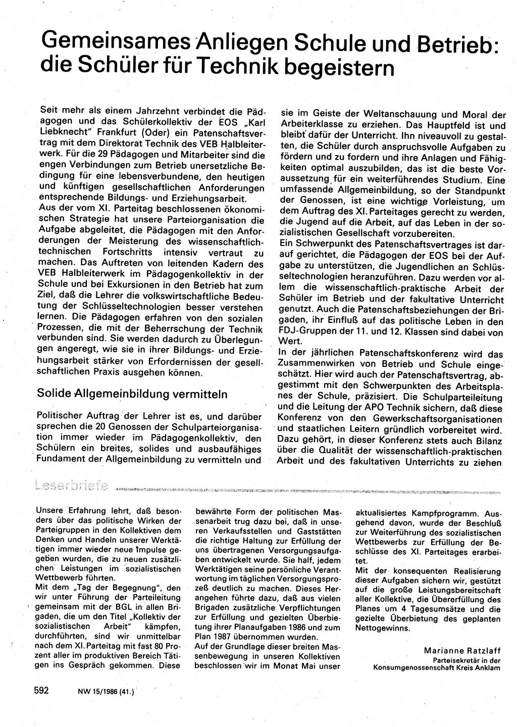 Neuer Weg (NW), Organ des Zentralkomitees (ZK) der SED (Sozialistische Einheitspartei Deutschlands) für Fragen des Parteilebens, 41. Jahrgang [Deutsche Demokratische Republik (DDR)] 1986, Seite 592 (NW ZK SED DDR 1986, S. 592)
