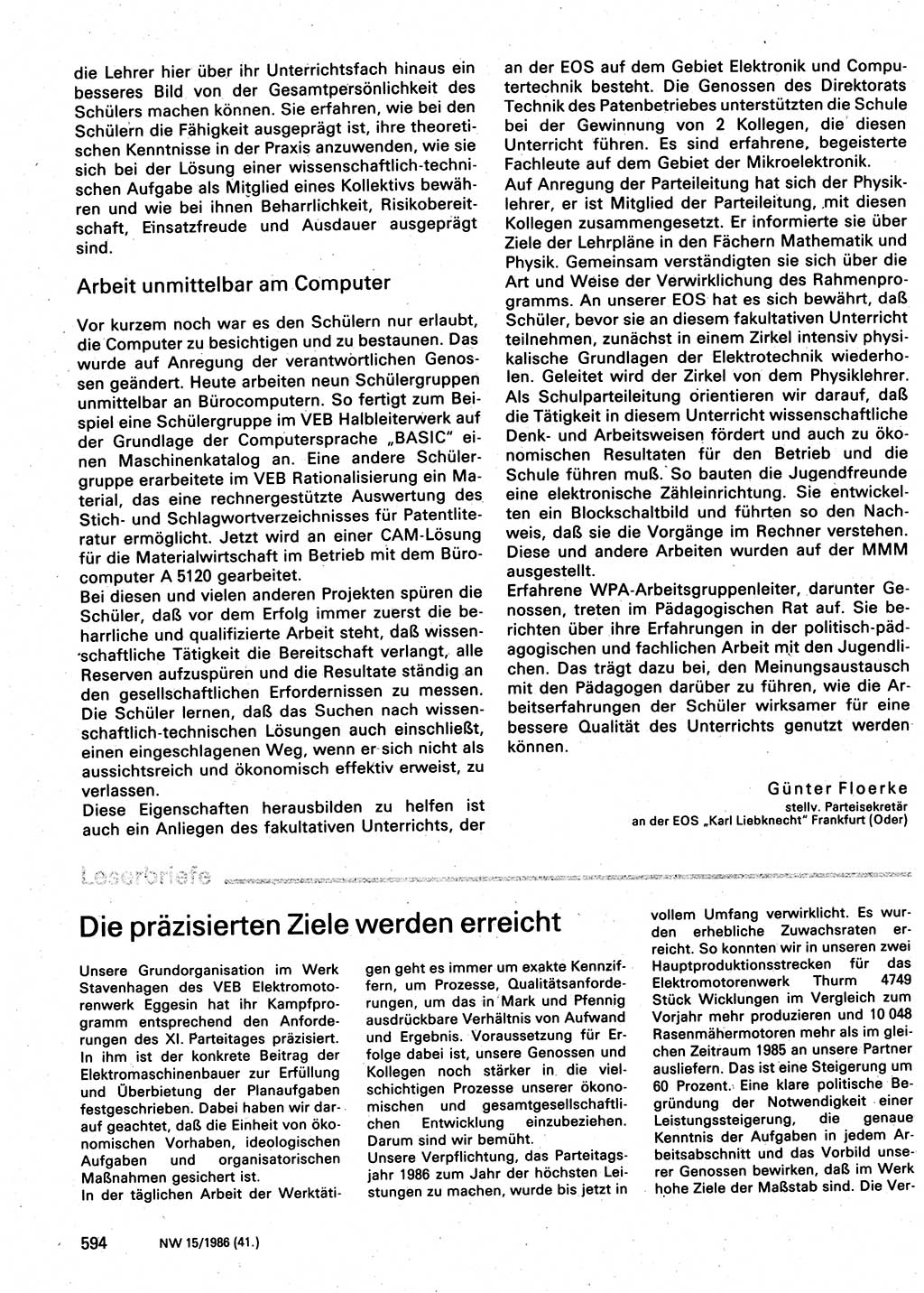 Neuer Weg (NW), Organ des Zentralkomitees (ZK) der SED (Sozialistische Einheitspartei Deutschlands) für Fragen des Parteilebens, 41. Jahrgang [Deutsche Demokratische Republik (DDR)] 1986, Seite 594 (NW ZK SED DDR 1986, S. 594)