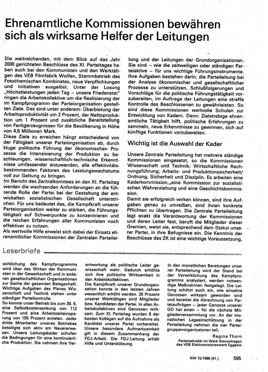 Neuer Weg (NW), Organ des Zentralkomitees (ZK) der SED (Sozialistische Einheitspartei Deutschlands) für Fragen des Parteilebens, 41. Jahrgang [Deutsche Demokratische Republik (DDR)] 1986, Seite 595 (NW ZK SED DDR 1986, S. 595)