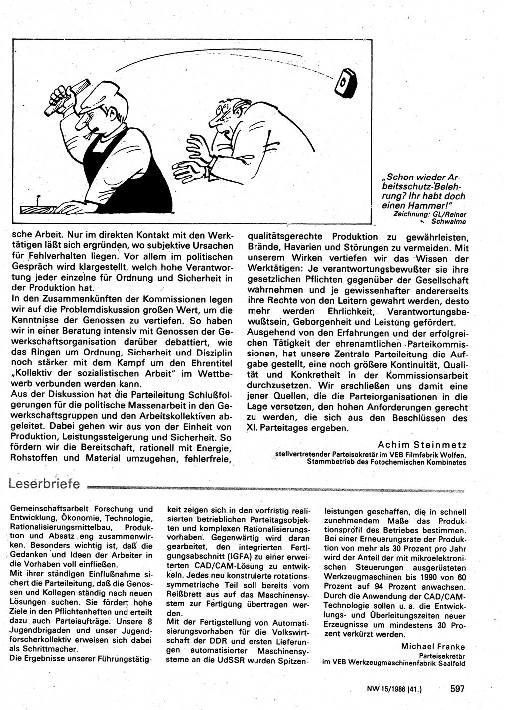 Neuer Weg (NW), Organ des Zentralkomitees (ZK) der SED (Sozialistische Einheitspartei Deutschlands) für Fragen des Parteilebens, 41. Jahrgang [Deutsche Demokratische Republik (DDR)] 1986, Seite 597 (NW ZK SED DDR 1986, S. 597)