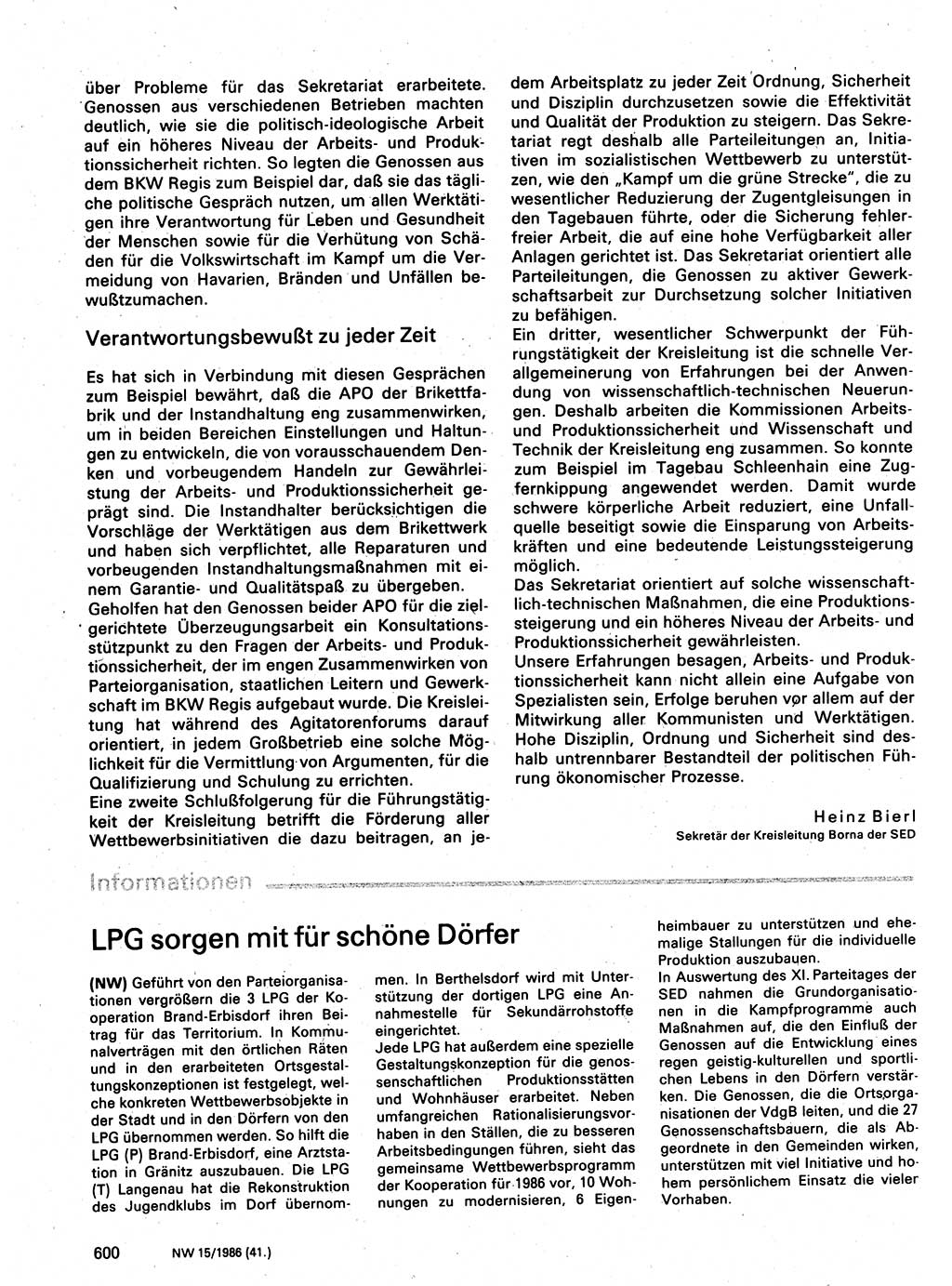 Neuer Weg (NW), Organ des Zentralkomitees (ZK) der SED (Sozialistische Einheitspartei Deutschlands) für Fragen des Parteilebens, 41. Jahrgang [Deutsche Demokratische Republik (DDR)] 1986, Seite 600 (NW ZK SED DDR 1986, S. 600)