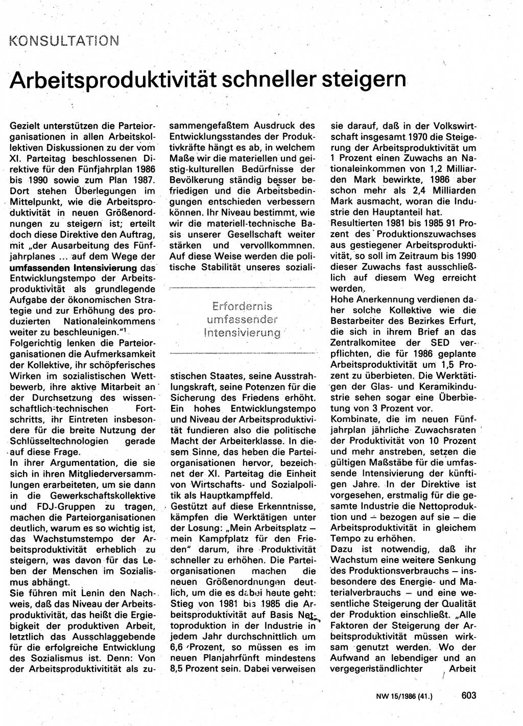 Neuer Weg (NW), Organ des Zentralkomitees (ZK) der SED (Sozialistische Einheitspartei Deutschlands) für Fragen des Parteilebens, 41. Jahrgang [Deutsche Demokratische Republik (DDR)] 1986, Seite 603 (NW ZK SED DDR 1986, S. 603)