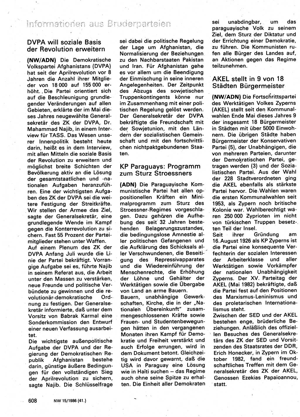 Neuer Weg (NW), Organ des Zentralkomitees (ZK) der SED (Sozialistische Einheitspartei Deutschlands) für Fragen des Parteilebens, 41. Jahrgang [Deutsche Demokratische Republik (DDR)] 1986, Seite 608 (NW ZK SED DDR 1986, S. 608)