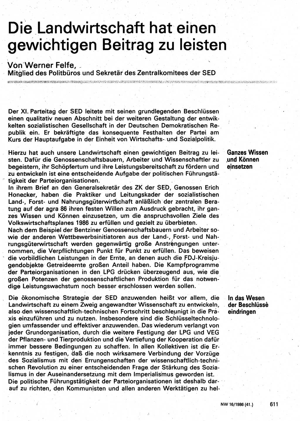 Neuer Weg (NW), Organ des Zentralkomitees (ZK) der SED (Sozialistische Einheitspartei Deutschlands) für Fragen des Parteilebens, 41. Jahrgang [Deutsche Demokratische Republik (DDR)] 1986, Seite 611 (NW ZK SED DDR 1986, S. 611)