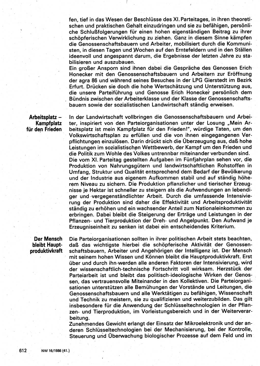 Neuer Weg (NW), Organ des Zentralkomitees (ZK) der SED (Sozialistische Einheitspartei Deutschlands) für Fragen des Parteilebens, 41. Jahrgang [Deutsche Demokratische Republik (DDR)] 1986, Seite 612 (NW ZK SED DDR 1986, S. 612)