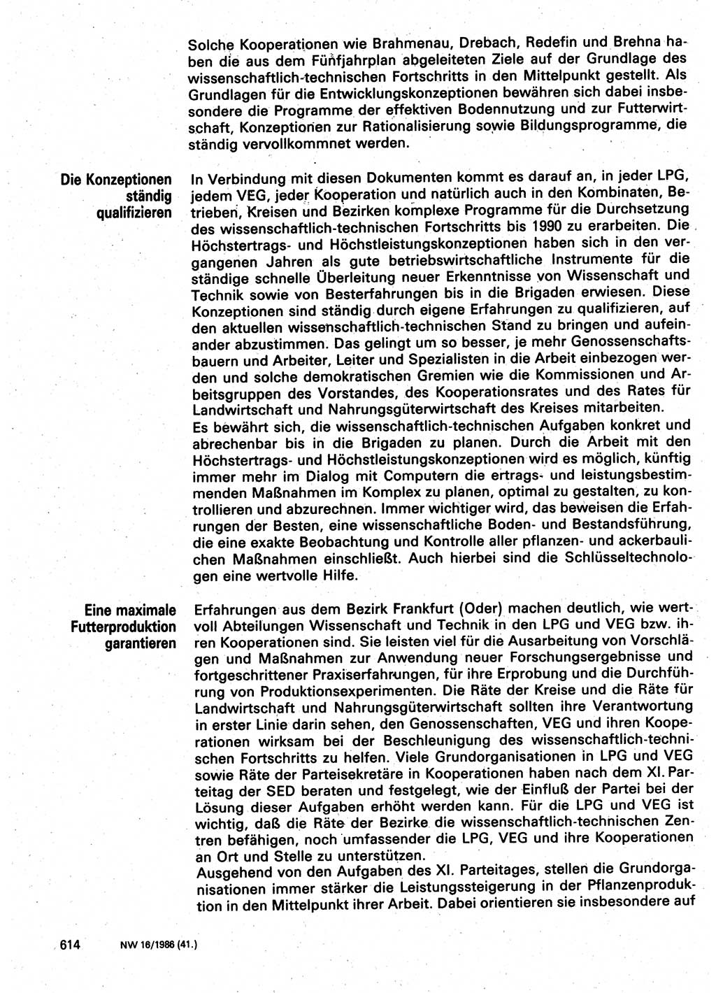 Neuer Weg (NW), Organ des Zentralkomitees (ZK) der SED (Sozialistische Einheitspartei Deutschlands) für Fragen des Parteilebens, 41. Jahrgang [Deutsche Demokratische Republik (DDR)] 1986, Seite 614 (NW ZK SED DDR 1986, S. 614)