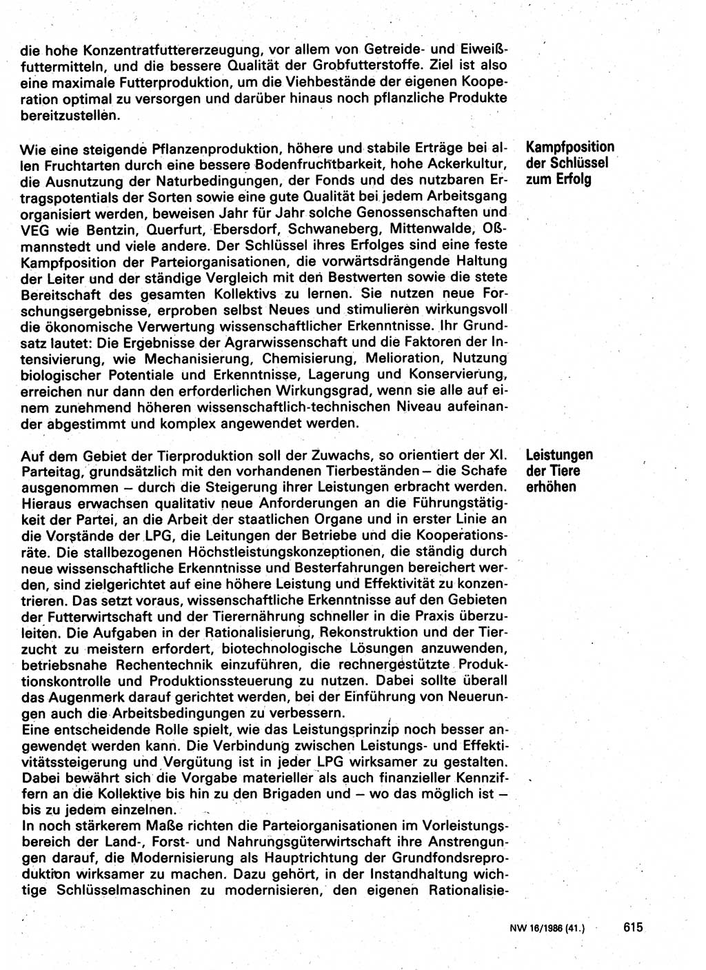 Neuer Weg (NW), Organ des Zentralkomitees (ZK) der SED (Sozialistische Einheitspartei Deutschlands) für Fragen des Parteilebens, 41. Jahrgang [Deutsche Demokratische Republik (DDR)] 1986, Seite 615 (NW ZK SED DDR 1986, S. 615)