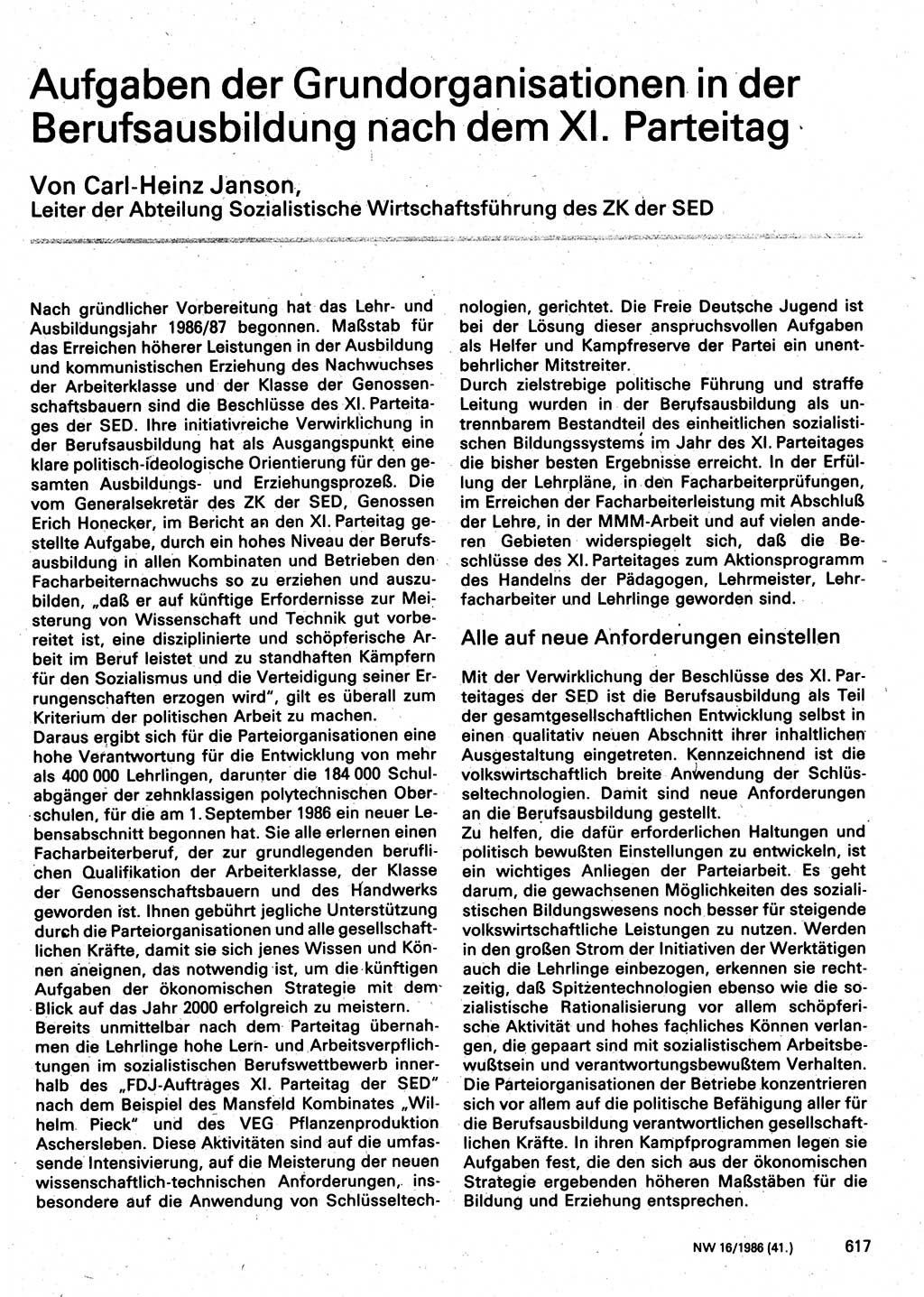 Neuer Weg (NW), Organ des Zentralkomitees (ZK) der SED (Sozialistische Einheitspartei Deutschlands) für Fragen des Parteilebens, 41. Jahrgang [Deutsche Demokratische Republik (DDR)] 1986, Seite 617 (NW ZK SED DDR 1986, S. 617)