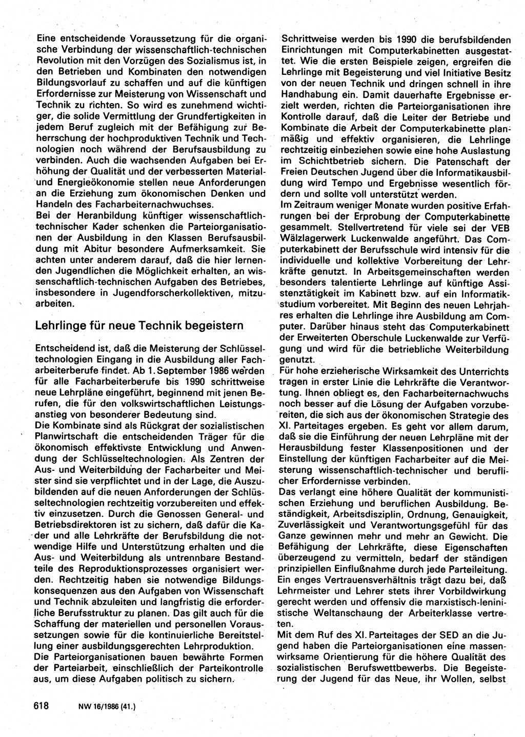 Neuer Weg (NW), Organ des Zentralkomitees (ZK) der SED (Sozialistische Einheitspartei Deutschlands) für Fragen des Parteilebens, 41. Jahrgang [Deutsche Demokratische Republik (DDR)] 1986, Seite 618 (NW ZK SED DDR 1986, S. 618)