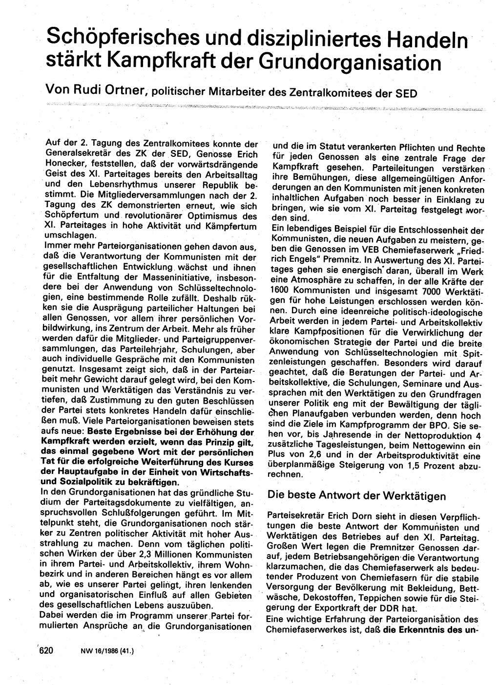 Neuer Weg (NW), Organ des Zentralkomitees (ZK) der SED (Sozialistische Einheitspartei Deutschlands) für Fragen des Parteilebens, 41. Jahrgang [Deutsche Demokratische Republik (DDR)] 1986, Seite 620 (NW ZK SED DDR 1986, S. 620)