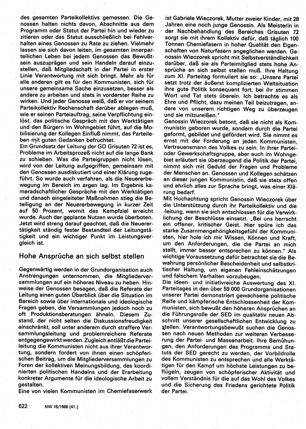 Neuer Weg (NW), Organ des Zentralkomitees (ZK) der SED (Sozialistische Einheitspartei Deutschlands) für Fragen des Parteilebens, 41. Jahrgang [Deutsche Demokratische Republik (DDR)] 1986, Seite 622 (NW ZK SED DDR 1986, S. 622)
