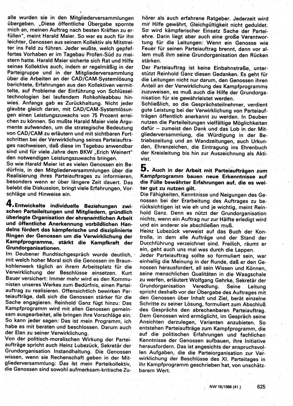 Neuer Weg (NW), Organ des Zentralkomitees (ZK) der SED (Sozialistische Einheitspartei Deutschlands) für Fragen des Parteilebens, 41. Jahrgang [Deutsche Demokratische Republik (DDR)] 1986, Seite 625 (NW ZK SED DDR 1986, S. 625)