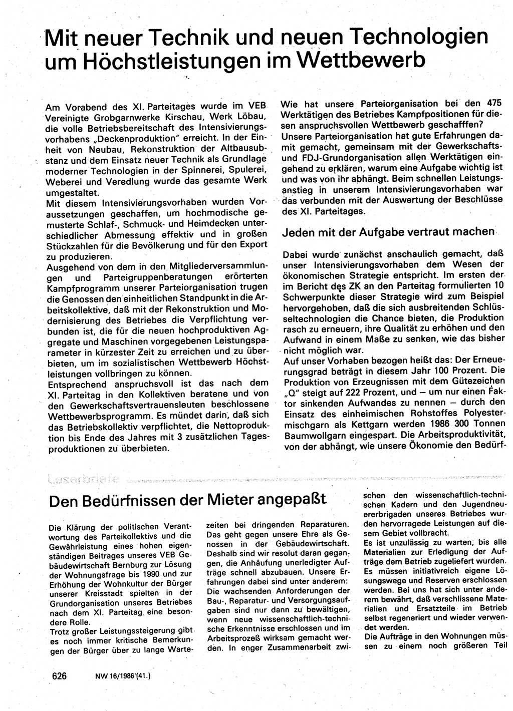 Neuer Weg (NW), Organ des Zentralkomitees (ZK) der SED (Sozialistische Einheitspartei Deutschlands) für Fragen des Parteilebens, 41. Jahrgang [Deutsche Demokratische Republik (DDR)] 1986, Seite 626 (NW ZK SED DDR 1986, S. 626)