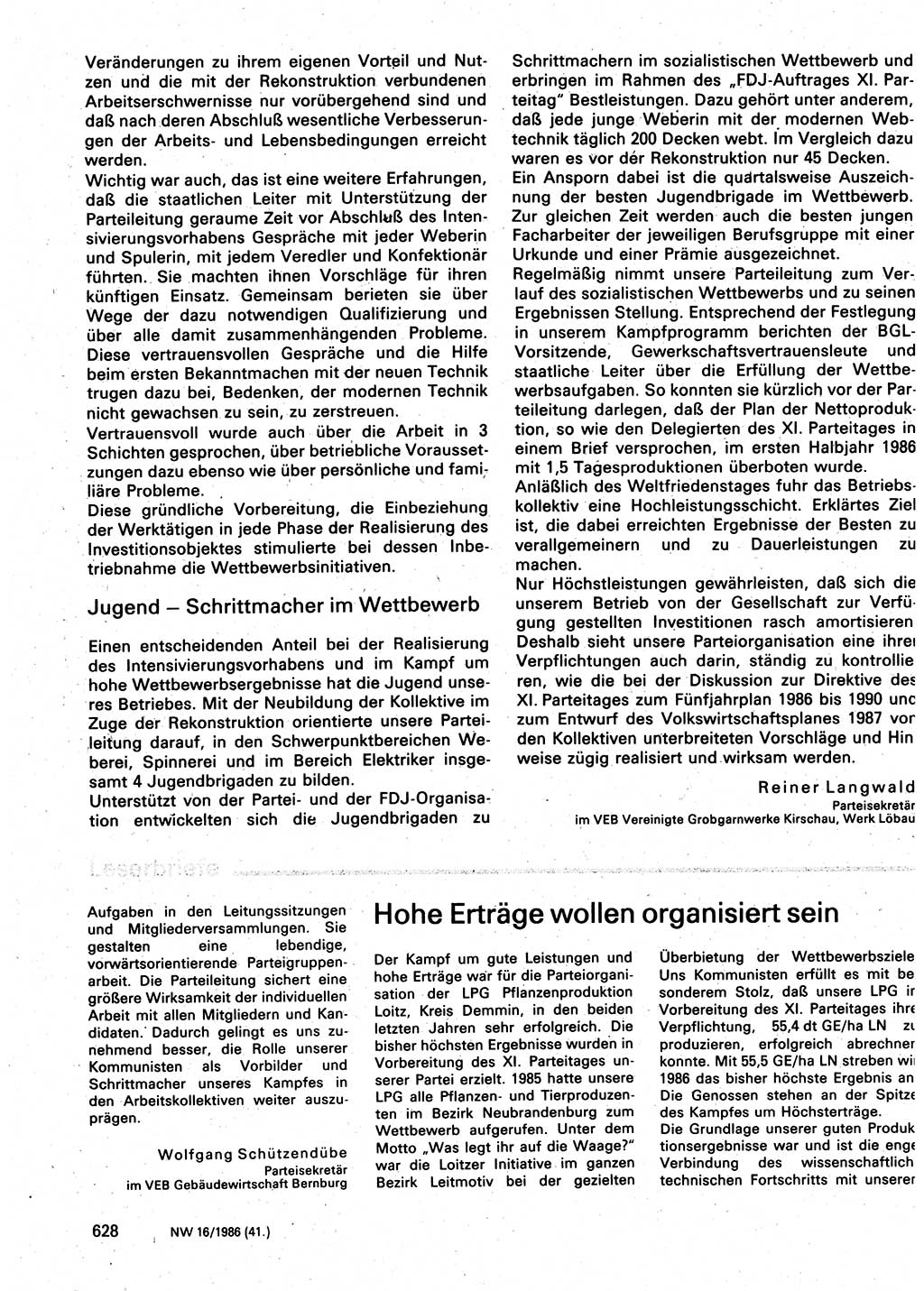 Neuer Weg (NW), Organ des Zentralkomitees (ZK) der SED (Sozialistische Einheitspartei Deutschlands) fÃ¼r Fragen des Parteilebens, 41. Jahrgang [Deutsche Demokratische Republik (DDR)] 1986, Seite 628 (NW ZK SED DDR 1986, S. 628)
