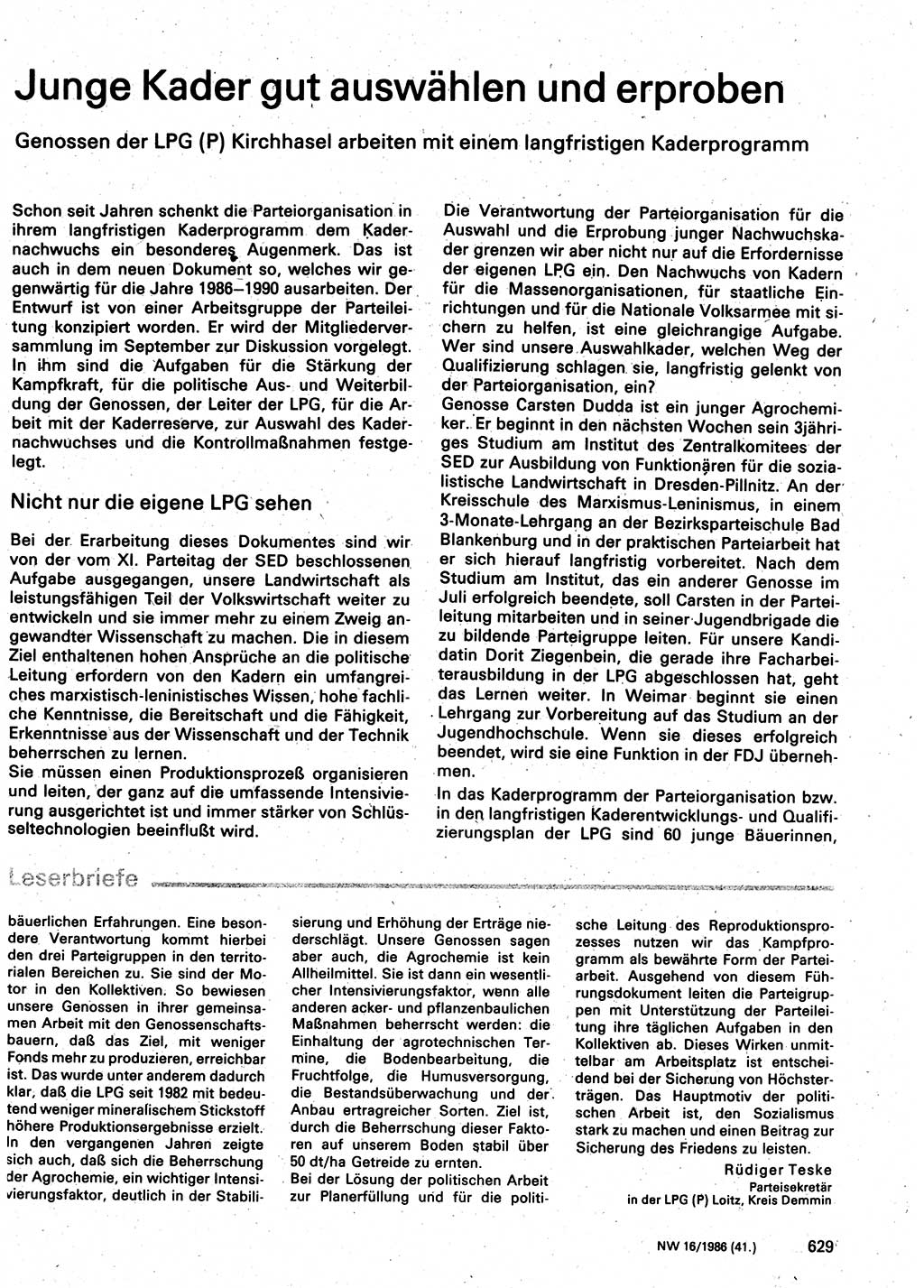 Neuer Weg (NW), Organ des Zentralkomitees (ZK) der SED (Sozialistische Einheitspartei Deutschlands) für Fragen des Parteilebens, 41. Jahrgang [Deutsche Demokratische Republik (DDR)] 1986, Seite 629 (NW ZK SED DDR 1986, S. 629)