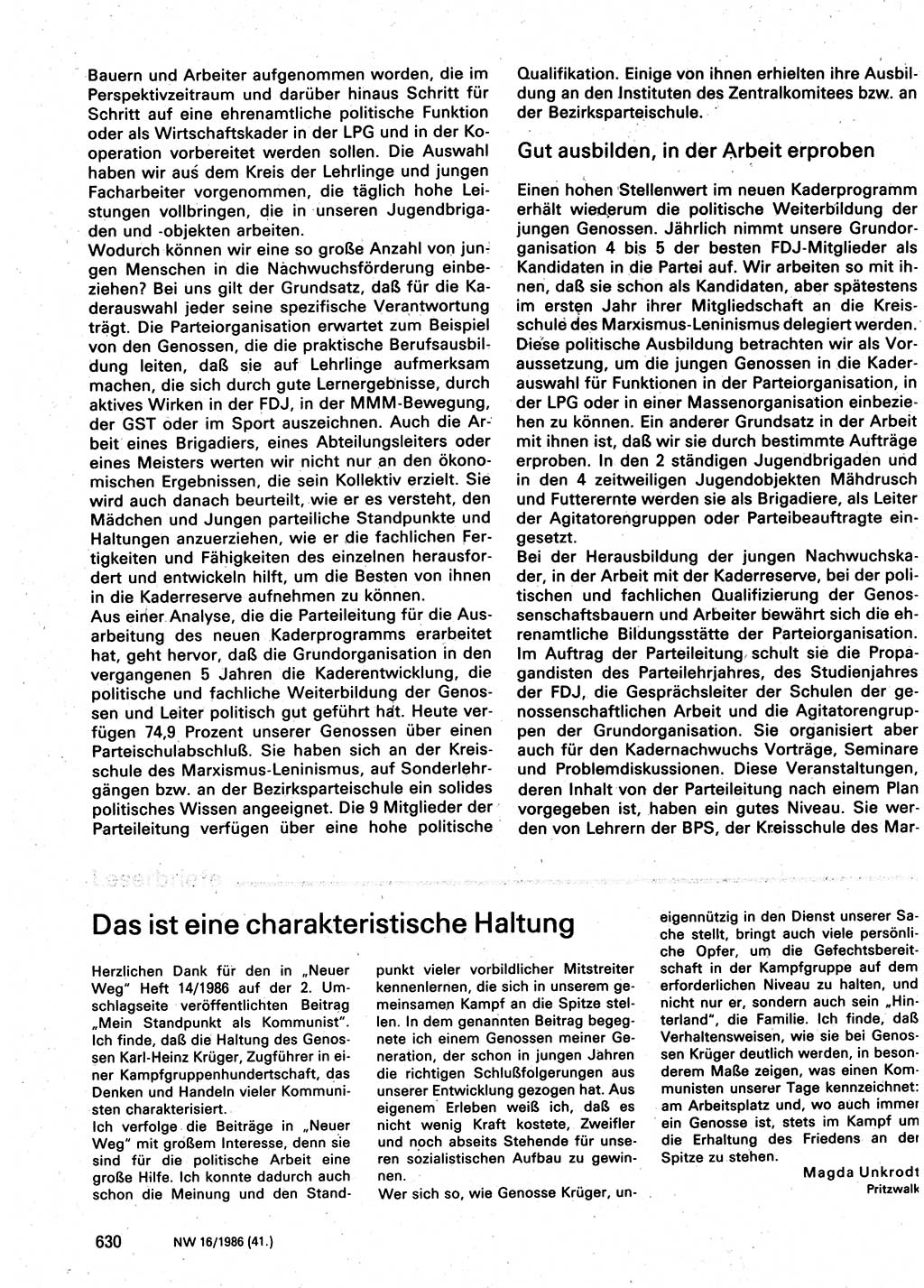 Neuer Weg (NW), Organ des Zentralkomitees (ZK) der SED (Sozialistische Einheitspartei Deutschlands) für Fragen des Parteilebens, 41. Jahrgang [Deutsche Demokratische Republik (DDR)] 1986, Seite 630 (NW ZK SED DDR 1986, S. 630)