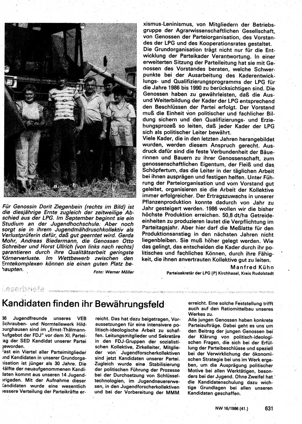 Neuer Weg (NW), Organ des Zentralkomitees (ZK) der SED (Sozialistische Einheitspartei Deutschlands) für Fragen des Parteilebens, 41. Jahrgang [Deutsche Demokratische Republik (DDR)] 1986, Seite 631 (NW ZK SED DDR 1986, S. 631)