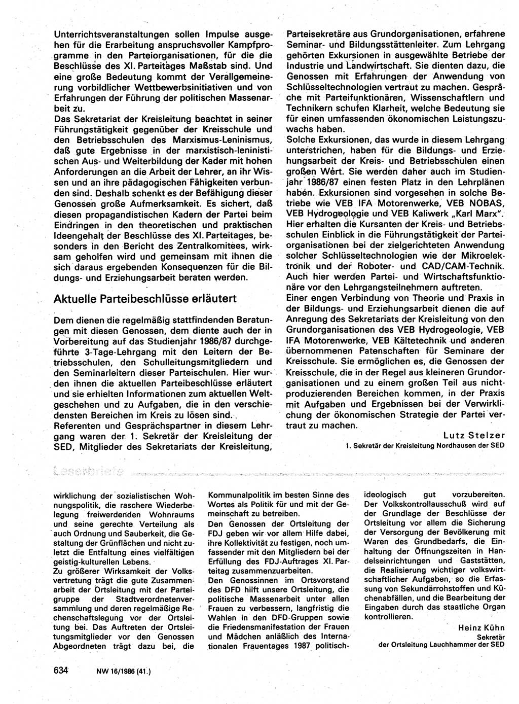 Neuer Weg (NW), Organ des Zentralkomitees (ZK) der SED (Sozialistische Einheitspartei Deutschlands) für Fragen des Parteilebens, 41. Jahrgang [Deutsche Demokratische Republik (DDR)] 1986, Seite 634 (NW ZK SED DDR 1986, S. 634)