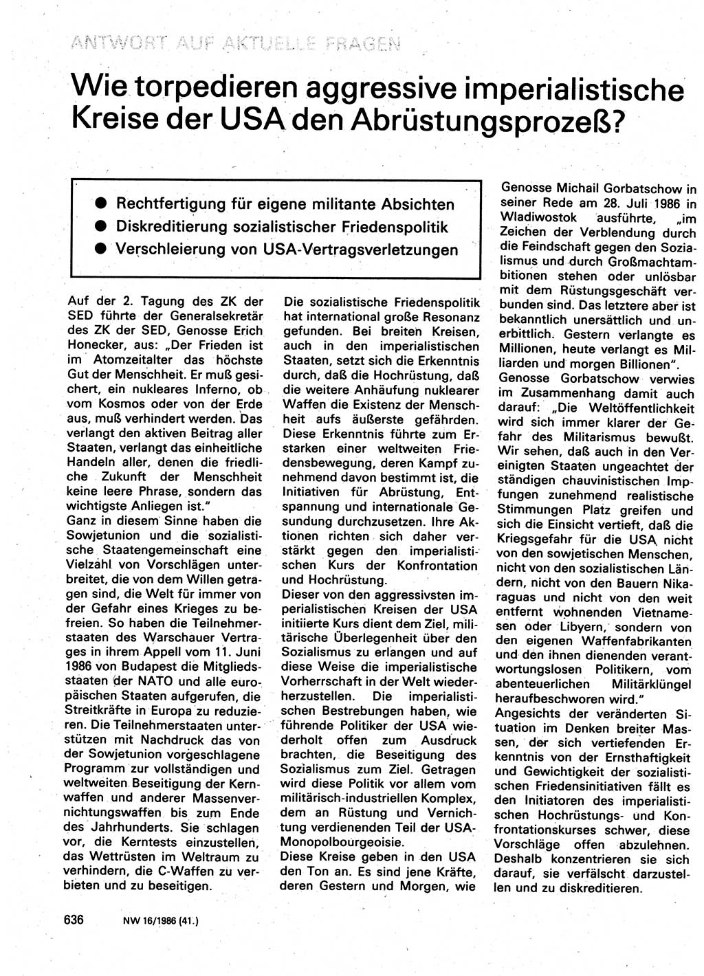 Neuer Weg (NW), Organ des Zentralkomitees (ZK) der SED (Sozialistische Einheitspartei Deutschlands) für Fragen des Parteilebens, 41. Jahrgang [Deutsche Demokratische Republik (DDR)] 1986, Seite 636 (NW ZK SED DDR 1986, S. 636)