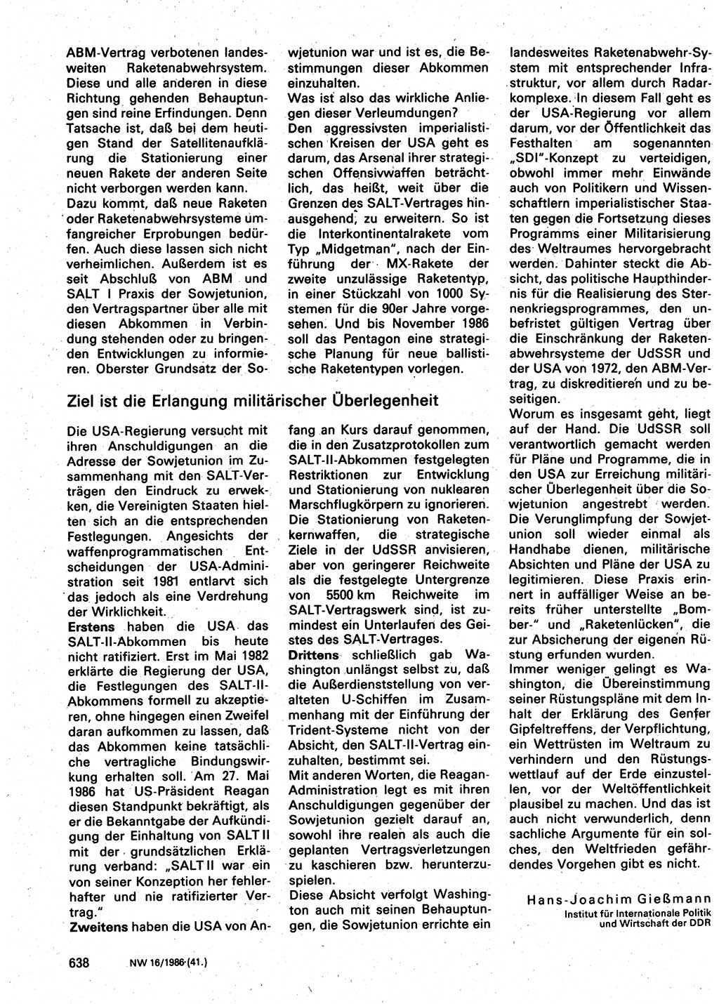 Neuer Weg (NW), Organ des Zentralkomitees (ZK) der SED (Sozialistische Einheitspartei Deutschlands) für Fragen des Parteilebens, 41. Jahrgang [Deutsche Demokratische Republik (DDR)] 1986, Seite 638 (NW ZK SED DDR 1986, S. 638)
