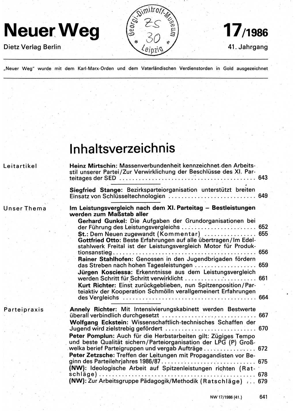 Neuer Weg (NW), Organ des Zentralkomitees (ZK) der SED (Sozialistische Einheitspartei Deutschlands) für Fragen des Parteilebens, 41. Jahrgang [Deutsche Demokratische Republik (DDR)] 1986, Seite 641 (NW ZK SED DDR 1986, S. 641)
