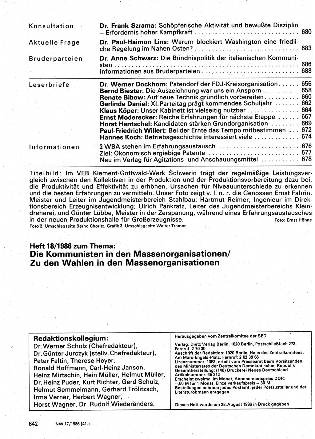 Neuer Weg (NW), Organ des Zentralkomitees (ZK) der SED (Sozialistische Einheitspartei Deutschlands) für Fragen des Parteilebens, 41. Jahrgang [Deutsche Demokratische Republik (DDR)] 1986, Seite 642 (NW ZK SED DDR 1986, S. 642)