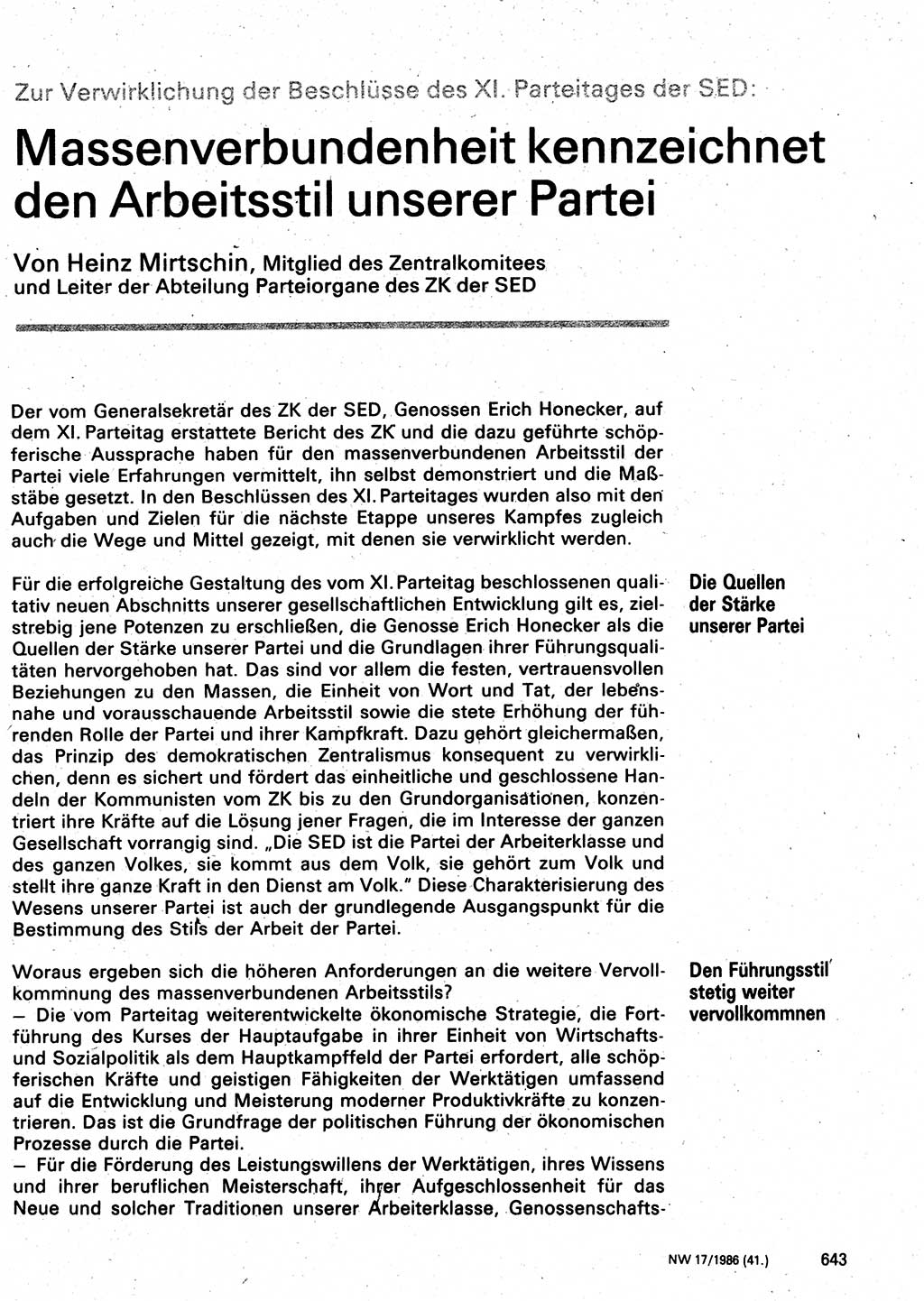 Neuer Weg (NW), Organ des Zentralkomitees (ZK) der SED (Sozialistische Einheitspartei Deutschlands) für Fragen des Parteilebens, 41. Jahrgang [Deutsche Demokratische Republik (DDR)] 1986, Seite 643 (NW ZK SED DDR 1986, S. 643)