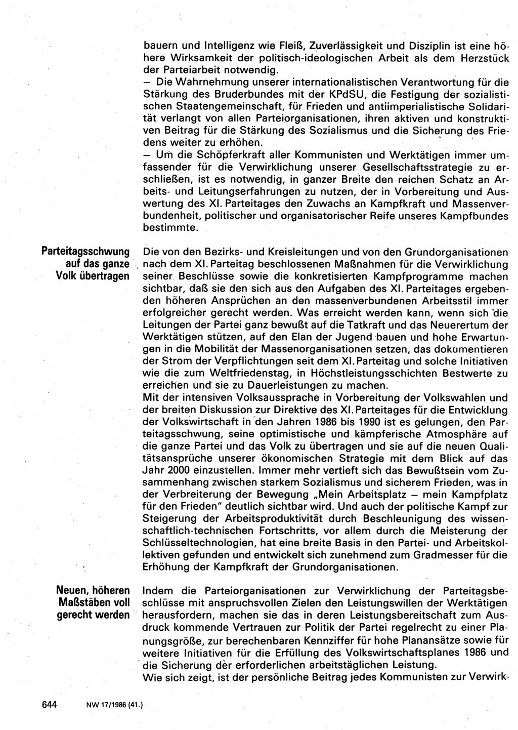 Neuer Weg (NW), Organ des Zentralkomitees (ZK) der SED (Sozialistische Einheitspartei Deutschlands) für Fragen des Parteilebens, 41. Jahrgang [Deutsche Demokratische Republik (DDR)] 1986, Seite 644 (NW ZK SED DDR 1986, S. 644)