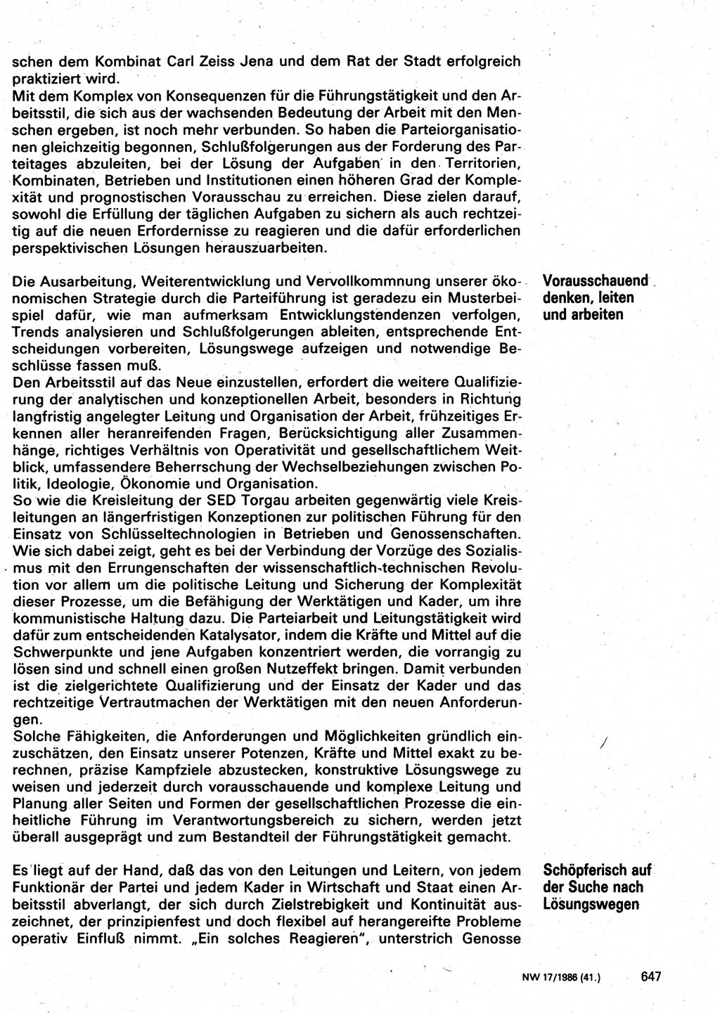 Neuer Weg (NW), Organ des Zentralkomitees (ZK) der SED (Sozialistische Einheitspartei Deutschlands) für Fragen des Parteilebens, 41. Jahrgang [Deutsche Demokratische Republik (DDR)] 1986, Seite 647 (NW ZK SED DDR 1986, S. 647)