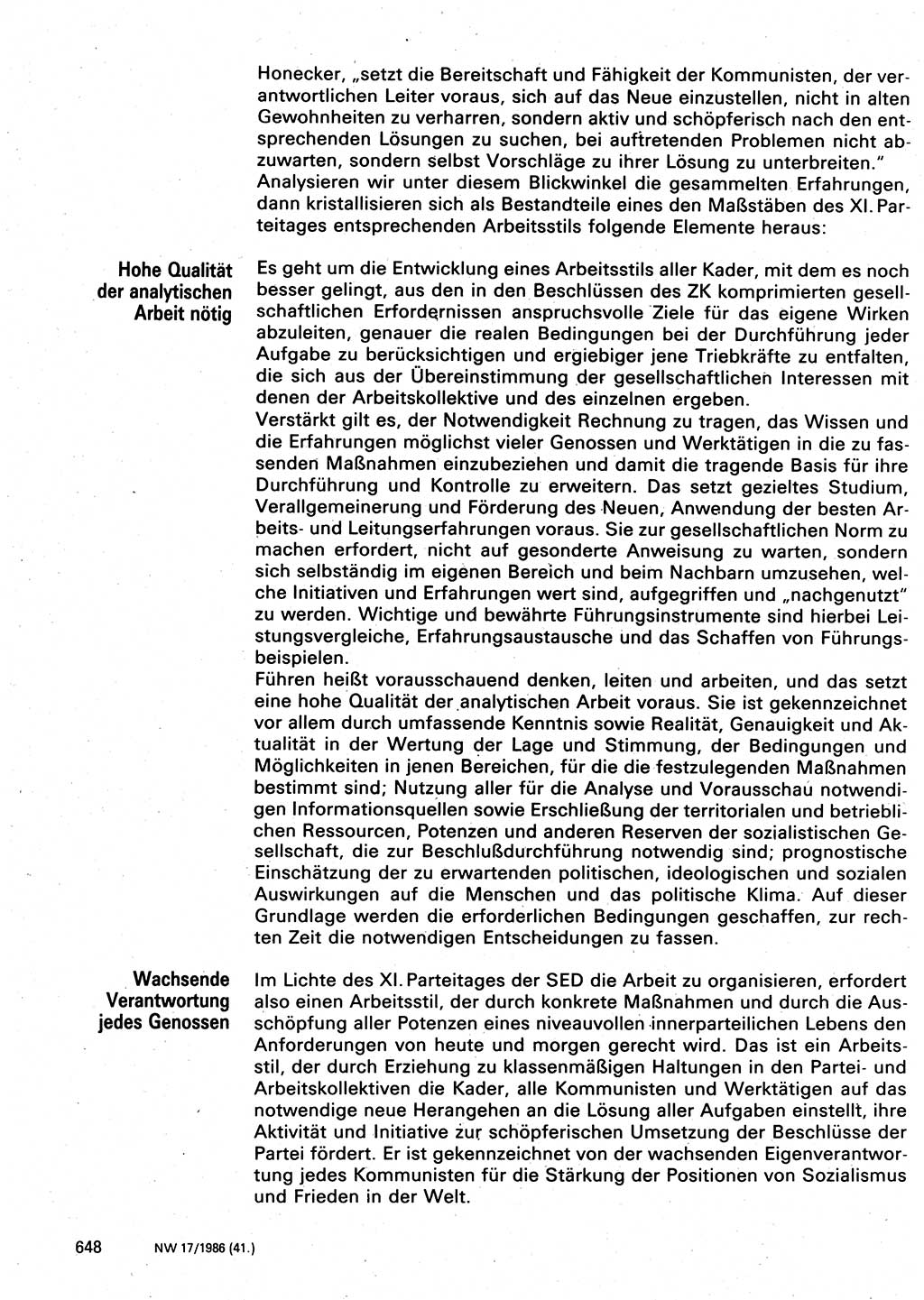 Neuer Weg (NW), Organ des Zentralkomitees (ZK) der SED (Sozialistische Einheitspartei Deutschlands) für Fragen des Parteilebens, 41. Jahrgang [Deutsche Demokratische Republik (DDR)] 1986, Seite 648 (NW ZK SED DDR 1986, S. 648)