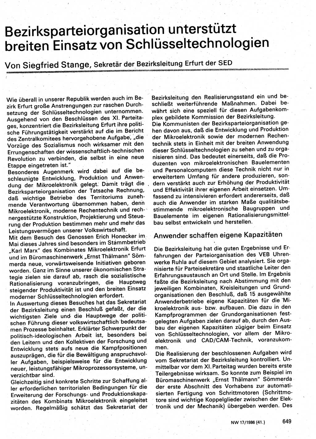 Neuer Weg (NW), Organ des Zentralkomitees (ZK) der SED (Sozialistische Einheitspartei Deutschlands) für Fragen des Parteilebens, 41. Jahrgang [Deutsche Demokratische Republik (DDR)] 1986, Seite 649 (NW ZK SED DDR 1986, S. 649)