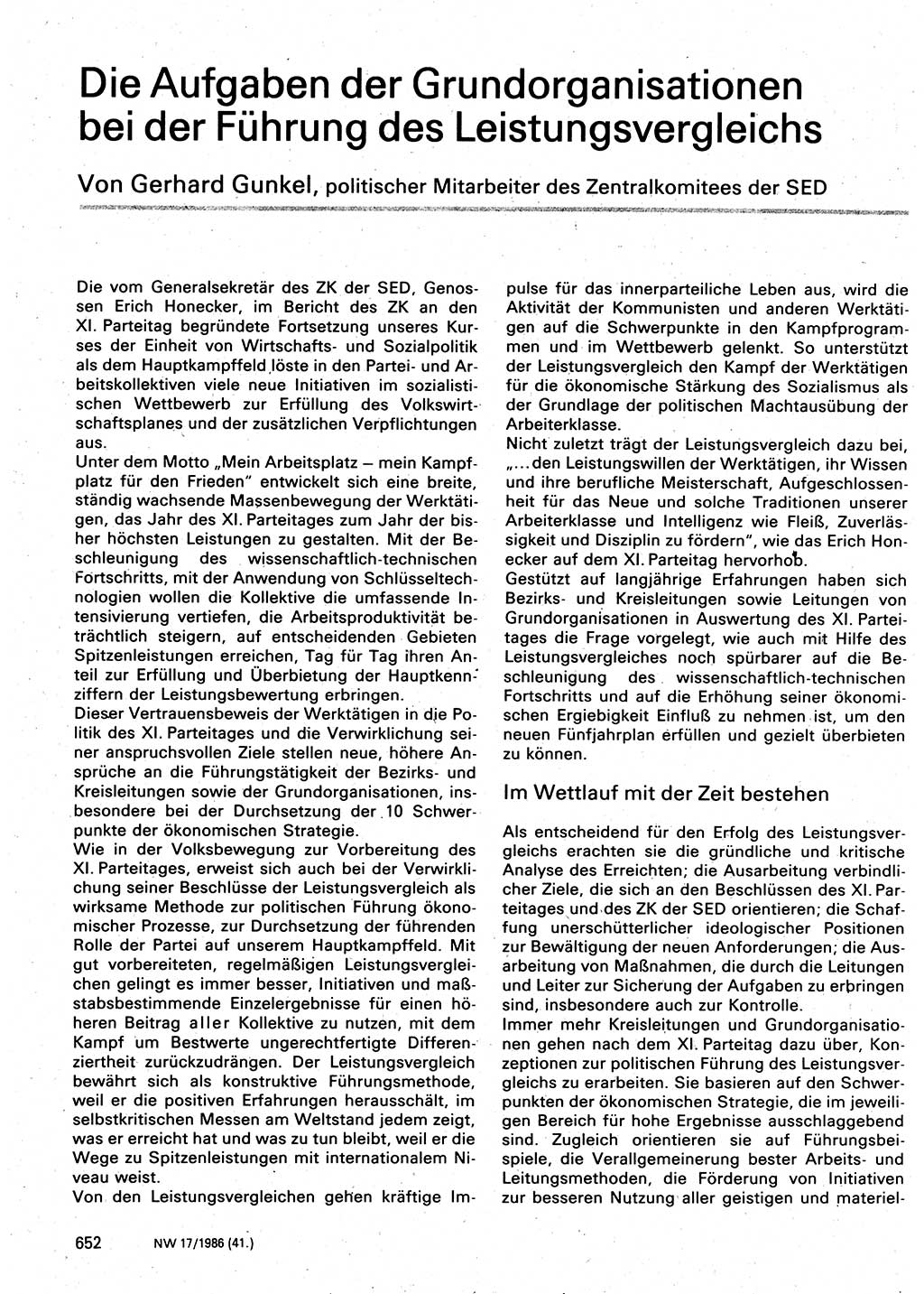 Neuer Weg (NW), Organ des Zentralkomitees (ZK) der SED (Sozialistische Einheitspartei Deutschlands) für Fragen des Parteilebens, 41. Jahrgang [Deutsche Demokratische Republik (DDR)] 1986, Seite 652 (NW ZK SED DDR 1986, S. 652)