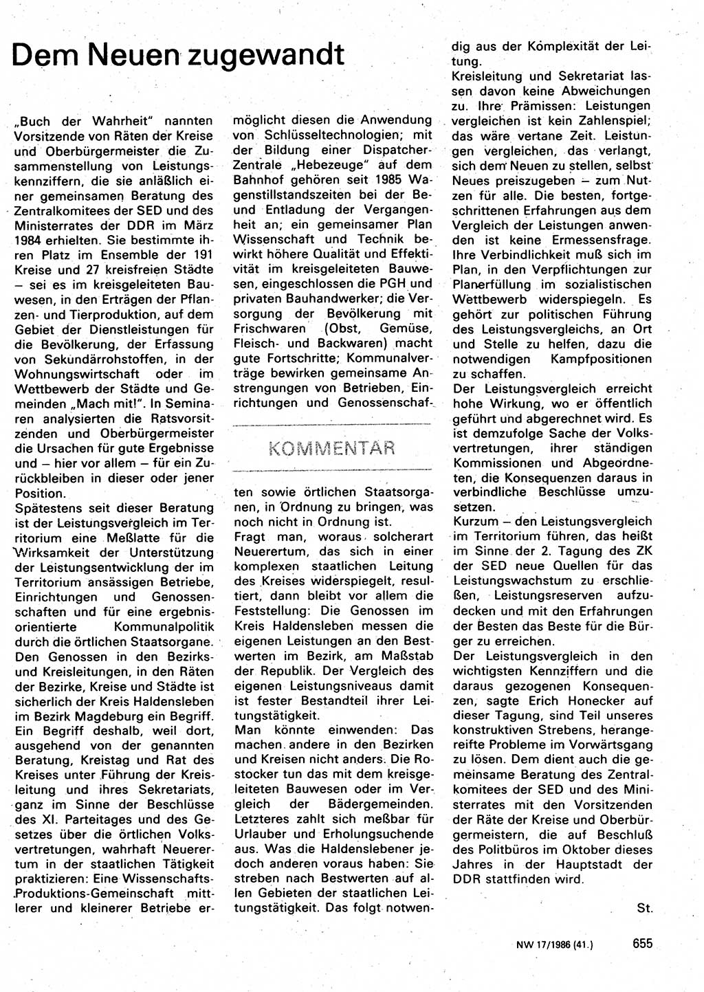 Neuer Weg (NW), Organ des Zentralkomitees (ZK) der SED (Sozialistische Einheitspartei Deutschlands) für Fragen des Parteilebens, 41. Jahrgang [Deutsche Demokratische Republik (DDR)] 1986, Seite 655 (NW ZK SED DDR 1986, S. 655)