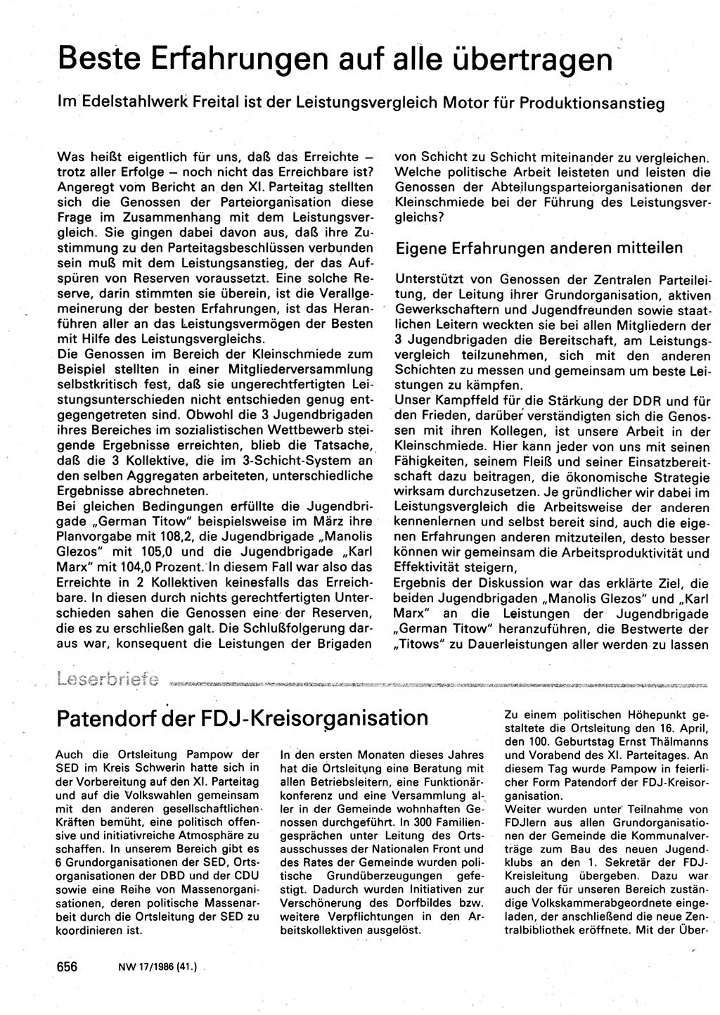 Neuer Weg (NW), Organ des Zentralkomitees (ZK) der SED (Sozialistische Einheitspartei Deutschlands) für Fragen des Parteilebens, 41. Jahrgang [Deutsche Demokratische Republik (DDR)] 1986, Seite 656 (NW ZK SED DDR 1986, S. 656)