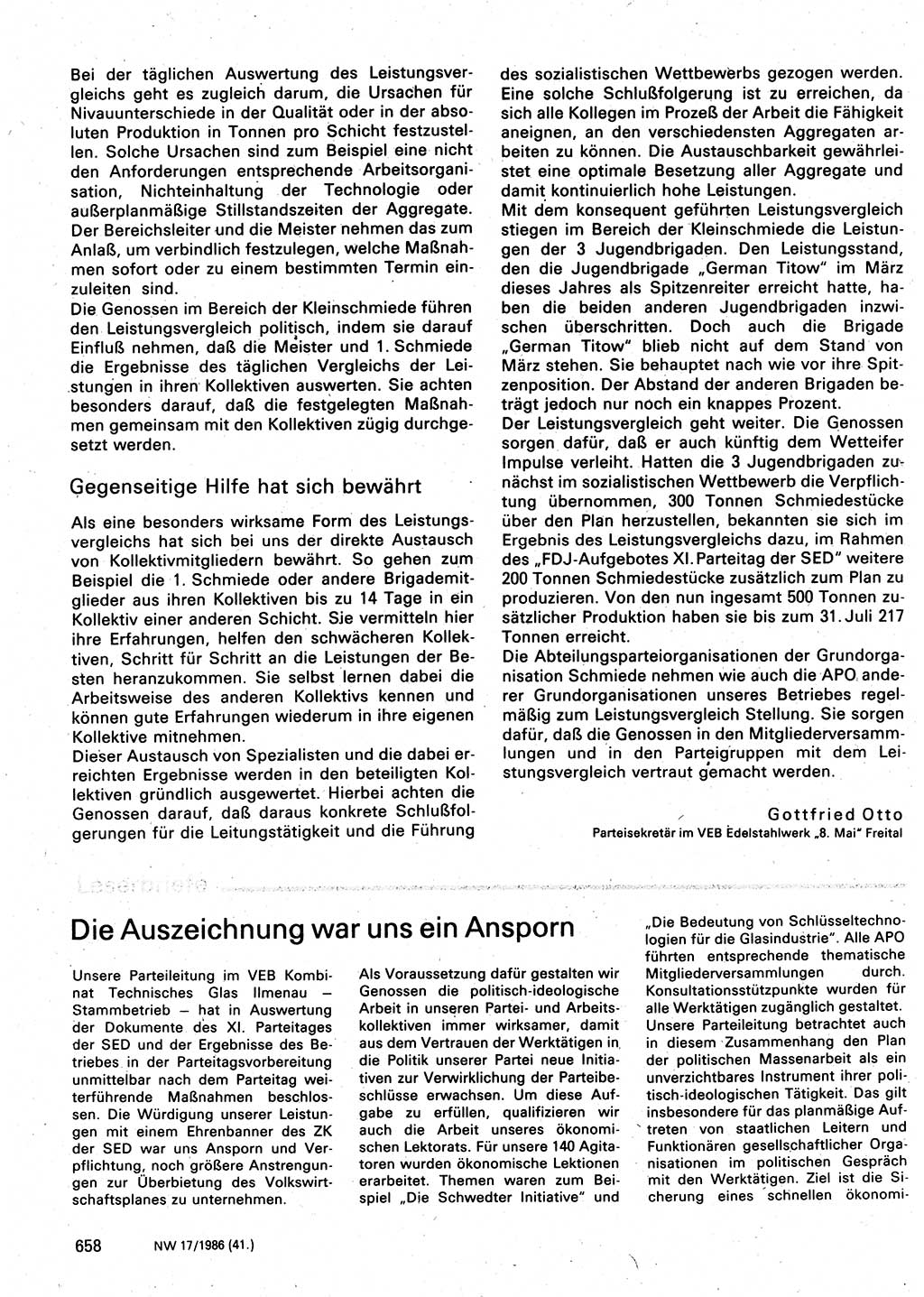 Neuer Weg (NW), Organ des Zentralkomitees (ZK) der SED (Sozialistische Einheitspartei Deutschlands) für Fragen des Parteilebens, 41. Jahrgang [Deutsche Demokratische Republik (DDR)] 1986, Seite 658 (NW ZK SED DDR 1986, S. 658)