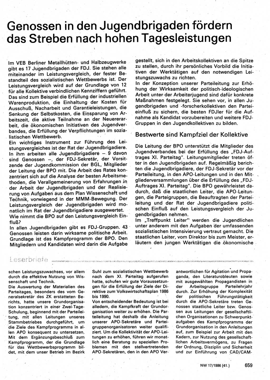 Neuer Weg (NW), Organ des Zentralkomitees (ZK) der SED (Sozialistische Einheitspartei Deutschlands) für Fragen des Parteilebens, 41. Jahrgang [Deutsche Demokratische Republik (DDR)] 1986, Seite 659 (NW ZK SED DDR 1986, S. 659)