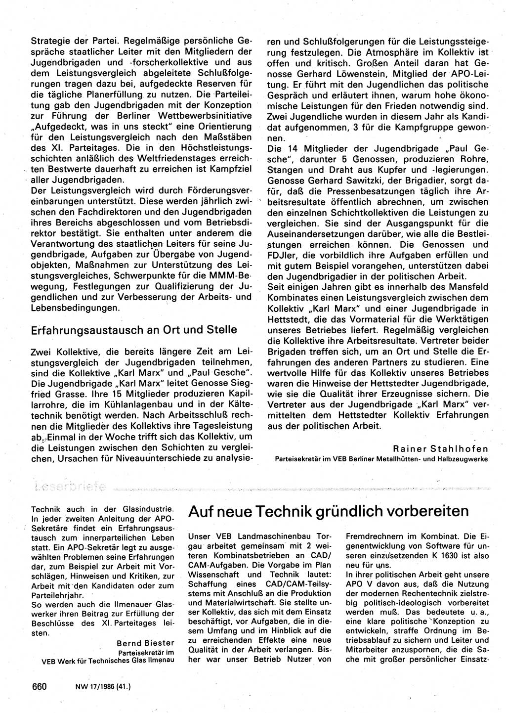 Neuer Weg (NW), Organ des Zentralkomitees (ZK) der SED (Sozialistische Einheitspartei Deutschlands) für Fragen des Parteilebens, 41. Jahrgang [Deutsche Demokratische Republik (DDR)] 1986, Seite 660 (NW ZK SED DDR 1986, S. 660)
