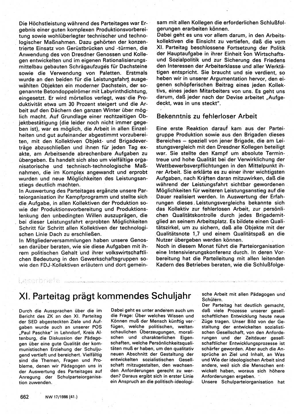 Neuer Weg (NW), Organ des Zentralkomitees (ZK) der SED (Sozialistische Einheitspartei Deutschlands) für Fragen des Parteilebens, 41. Jahrgang [Deutsche Demokratische Republik (DDR)] 1986, Seite 662 (NW ZK SED DDR 1986, S. 662)