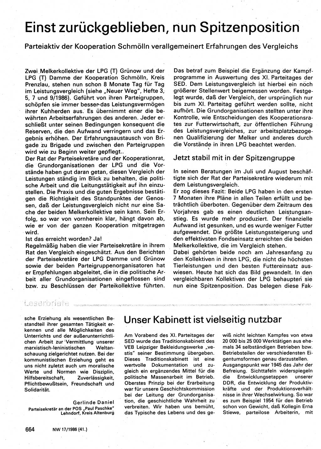 Neuer Weg (NW), Organ des Zentralkomitees (ZK) der SED (Sozialistische Einheitspartei Deutschlands) für Fragen des Parteilebens, 41. Jahrgang [Deutsche Demokratische Republik (DDR)] 1986, Seite 664 (NW ZK SED DDR 1986, S. 664)