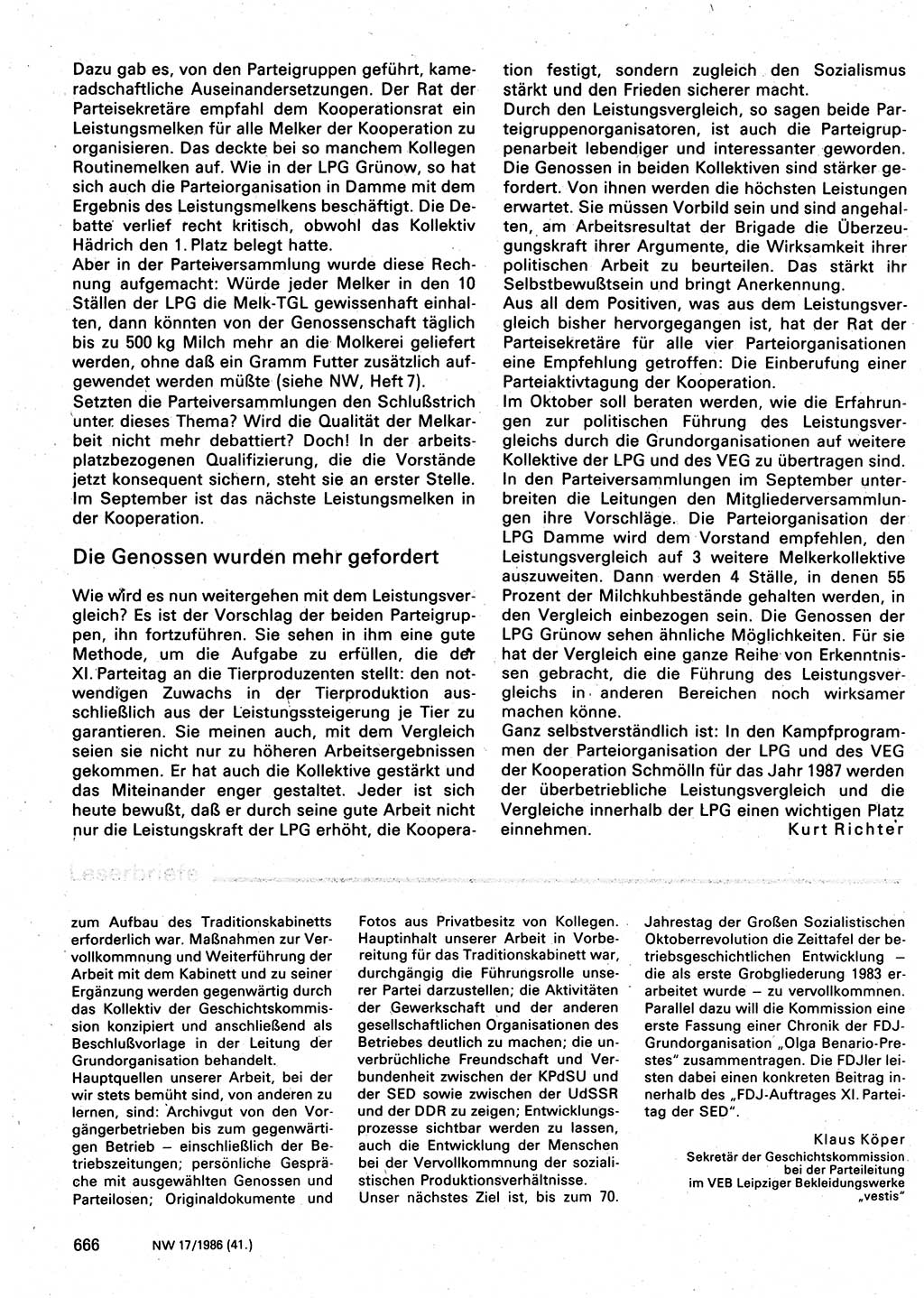 Neuer Weg (NW), Organ des Zentralkomitees (ZK) der SED (Sozialistische Einheitspartei Deutschlands) für Fragen des Parteilebens, 41. Jahrgang [Deutsche Demokratische Republik (DDR)] 1986, Seite 666 (NW ZK SED DDR 1986, S. 666)