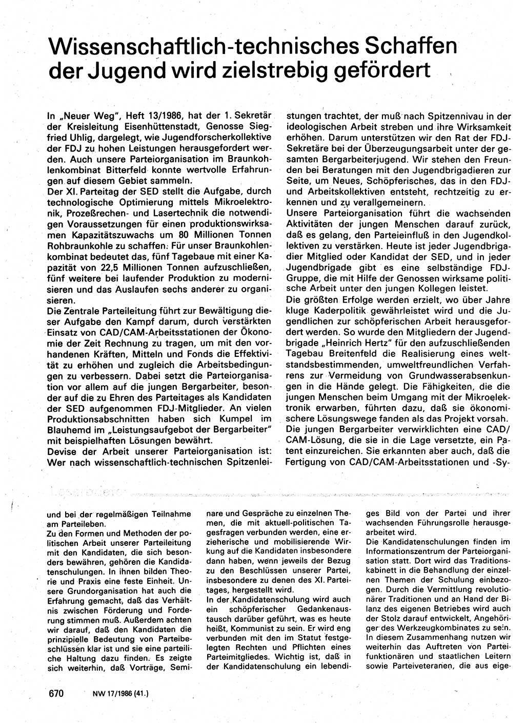 Neuer Weg (NW), Organ des Zentralkomitees (ZK) der SED (Sozialistische Einheitspartei Deutschlands) für Fragen des Parteilebens, 41. Jahrgang [Deutsche Demokratische Republik (DDR)] 1986, Seite 670 (NW ZK SED DDR 1986, S. 670)