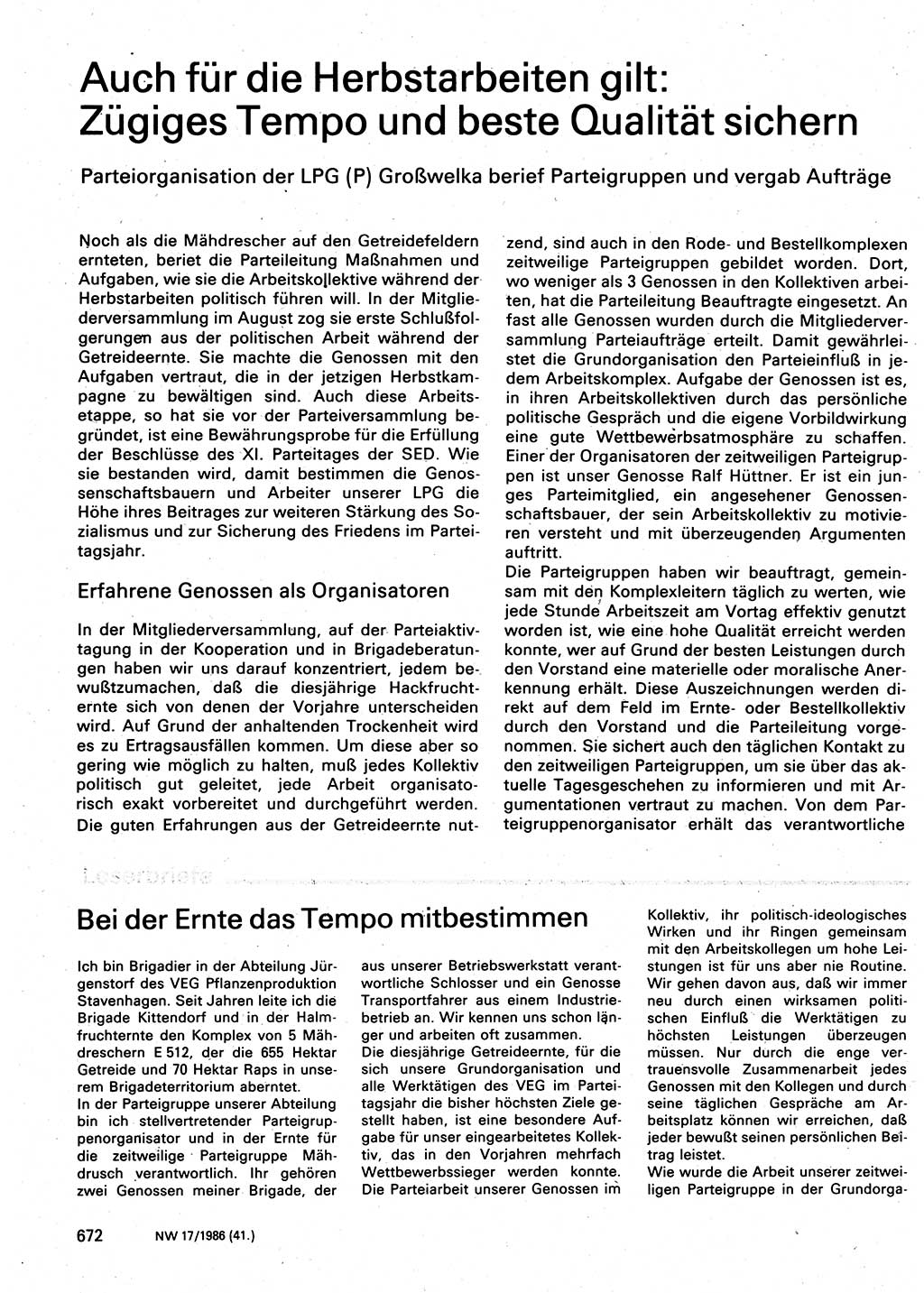 Neuer Weg (NW), Organ des Zentralkomitees (ZK) der SED (Sozialistische Einheitspartei Deutschlands) für Fragen des Parteilebens, 41. Jahrgang [Deutsche Demokratische Republik (DDR)] 1986, Seite 672 (NW ZK SED DDR 1986, S. 672)