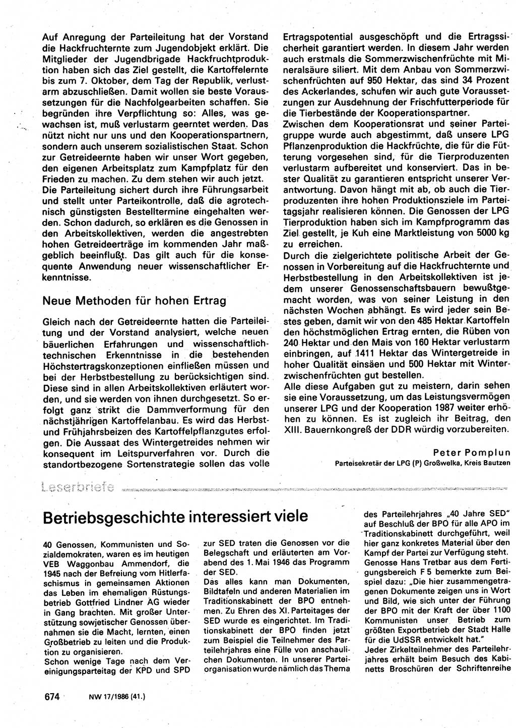 Neuer Weg (NW), Organ des Zentralkomitees (ZK) der SED (Sozialistische Einheitspartei Deutschlands) für Fragen des Parteilebens, 41. Jahrgang [Deutsche Demokratische Republik (DDR)] 1986, Seite 674 (NW ZK SED DDR 1986, S. 674)