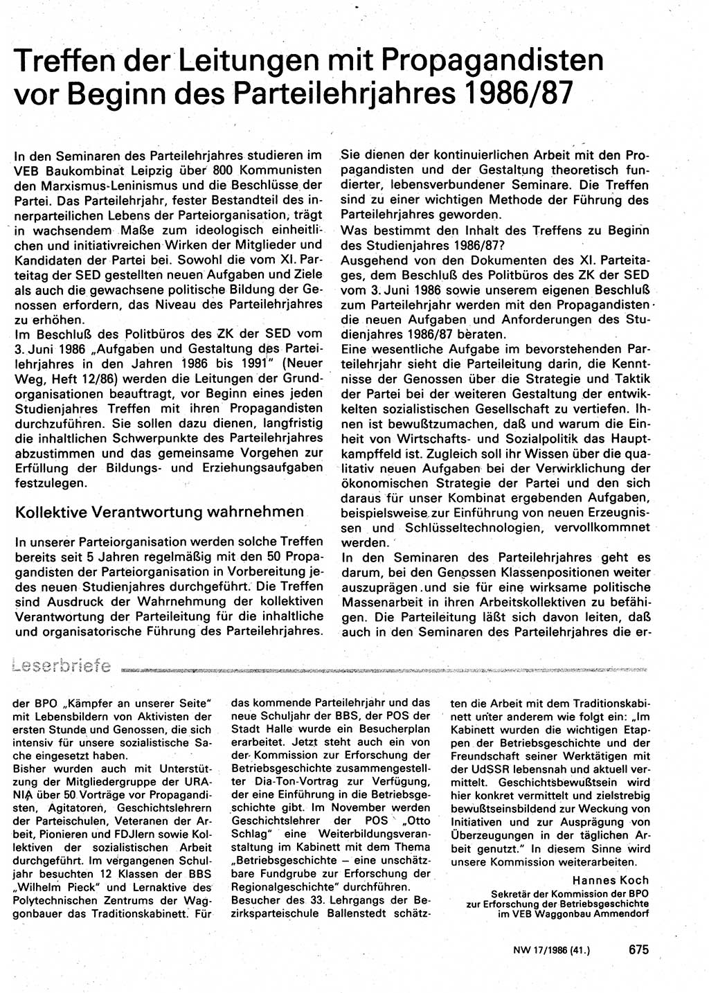 Neuer Weg (NW), Organ des Zentralkomitees (ZK) der SED (Sozialistische Einheitspartei Deutschlands) für Fragen des Parteilebens, 41. Jahrgang [Deutsche Demokratische Republik (DDR)] 1986, Seite 675 (NW ZK SED DDR 1986, S. 675)