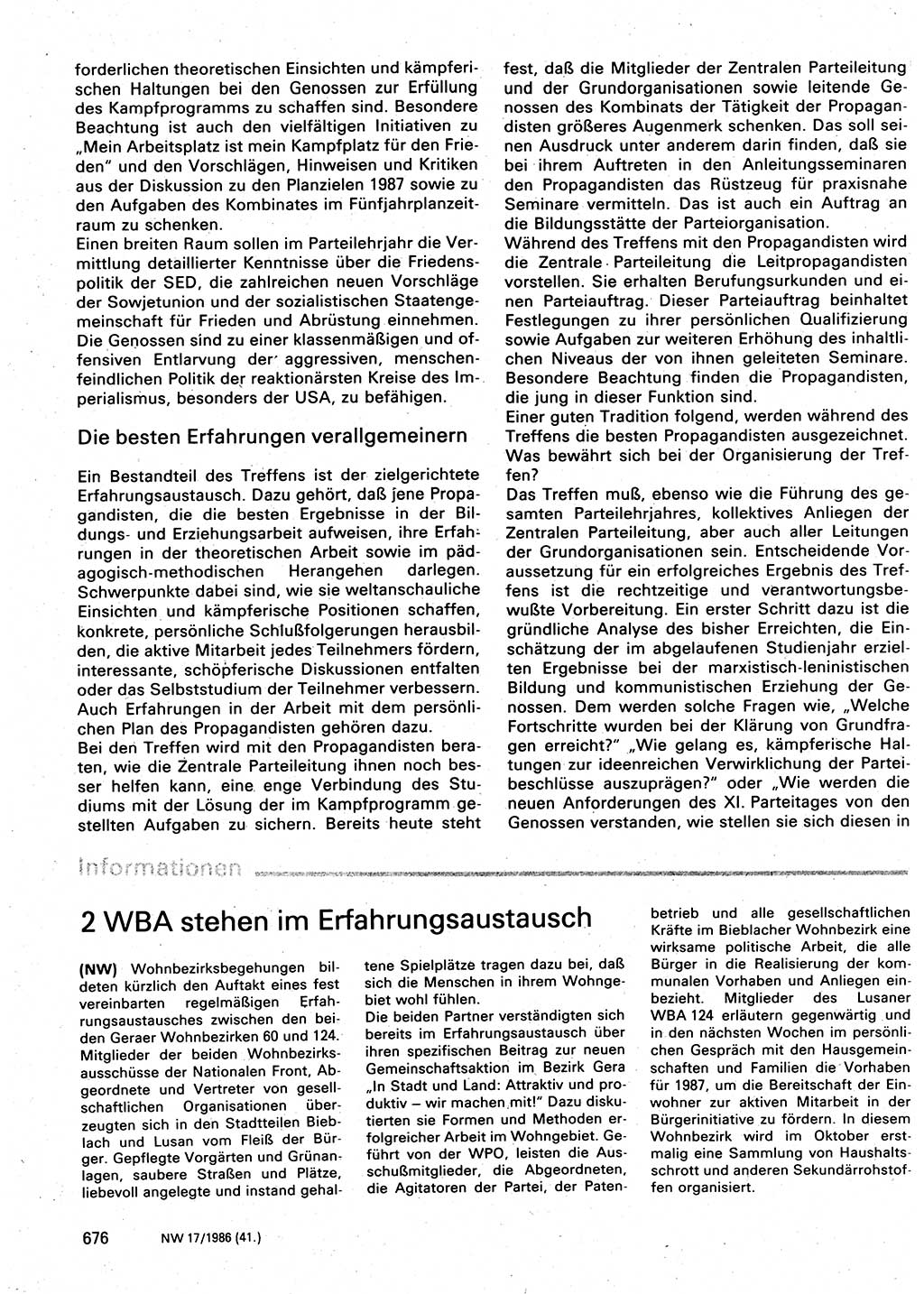 Neuer Weg (NW), Organ des Zentralkomitees (ZK) der SED (Sozialistische Einheitspartei Deutschlands) für Fragen des Parteilebens, 41. Jahrgang [Deutsche Demokratische Republik (DDR)] 1986, Seite 676 (NW ZK SED DDR 1986, S. 676)