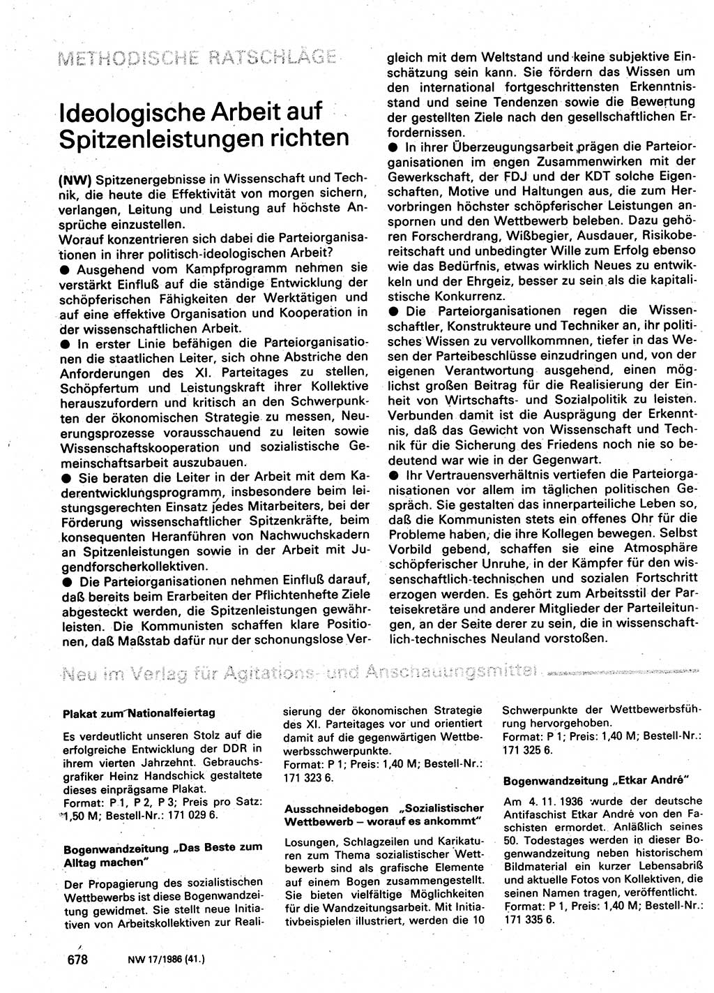 Neuer Weg (NW), Organ des Zentralkomitees (ZK) der SED (Sozialistische Einheitspartei Deutschlands) für Fragen des Parteilebens, 41. Jahrgang [Deutsche Demokratische Republik (DDR)] 1986, Seite 678 (NW ZK SED DDR 1986, S. 678)